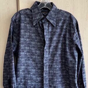 FENDER Custom Shop Rock And Roll Religion Mens Small Cotton Shirt Blue Geometric